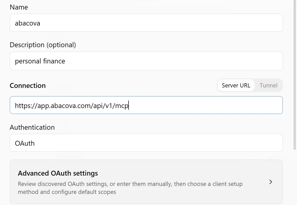 ChatGPT's “Add custom MCP server” dialog with the name abacova, the server URL and OAuth.