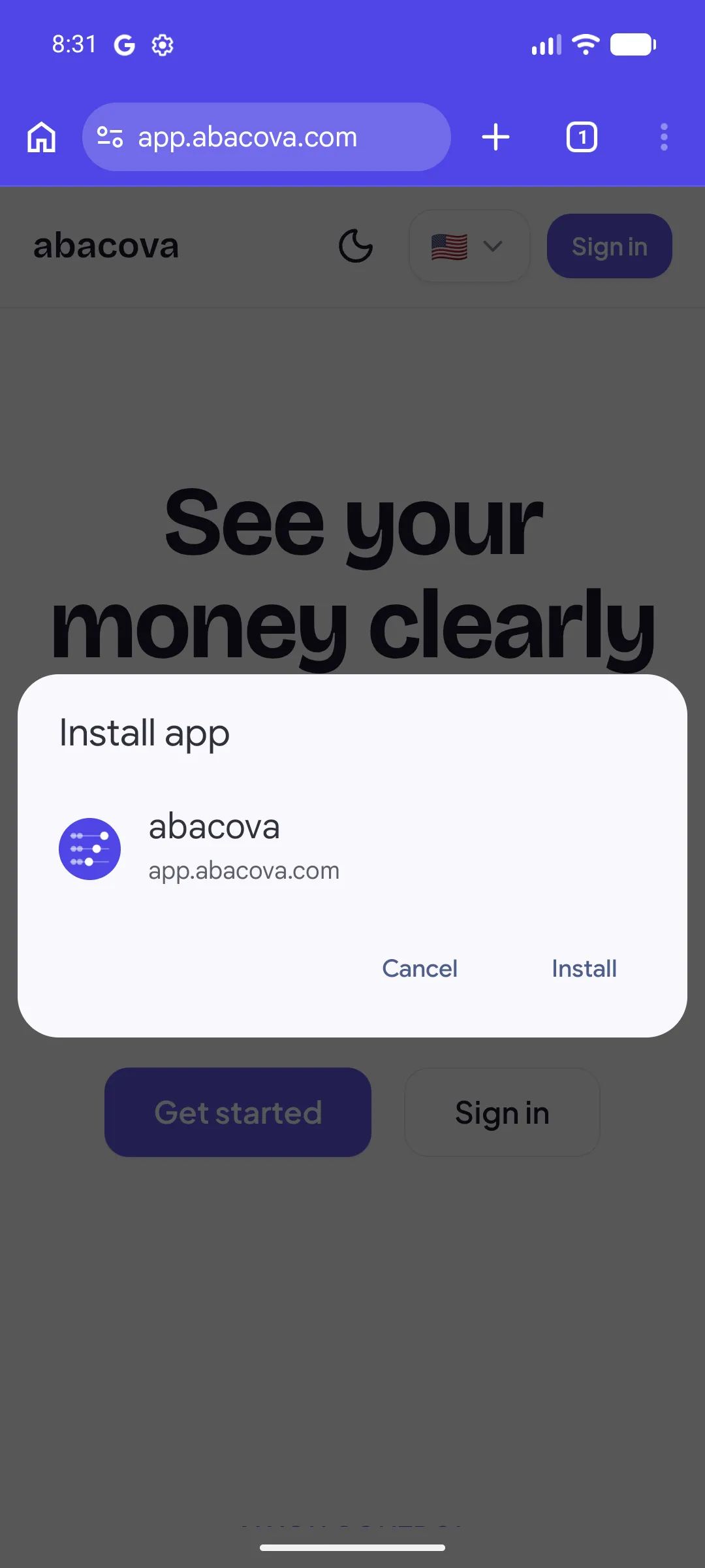 Chrome's Install app dialog showing the abacova icon and the Install button