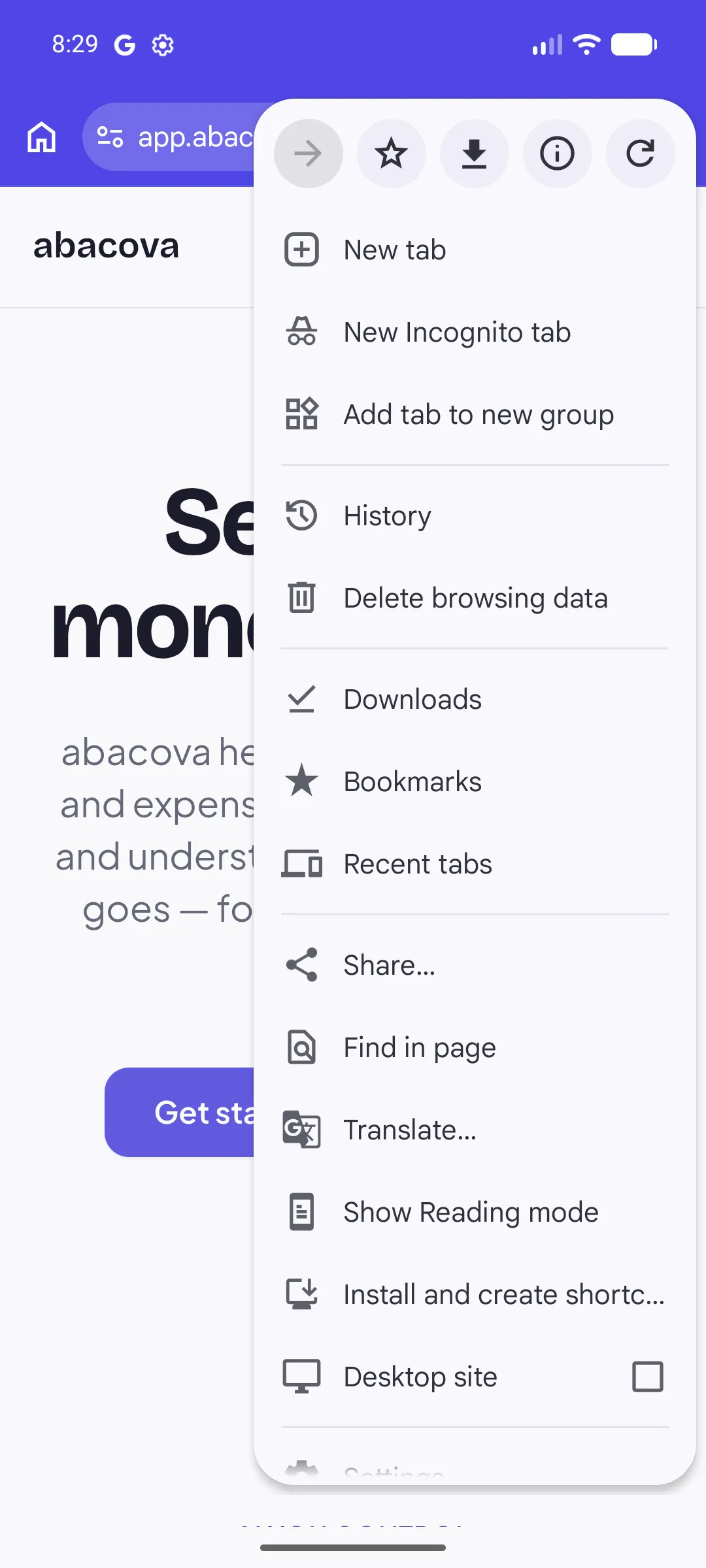 Chrome's menu open on app.abacova.com, with the install option near the bottom of the list