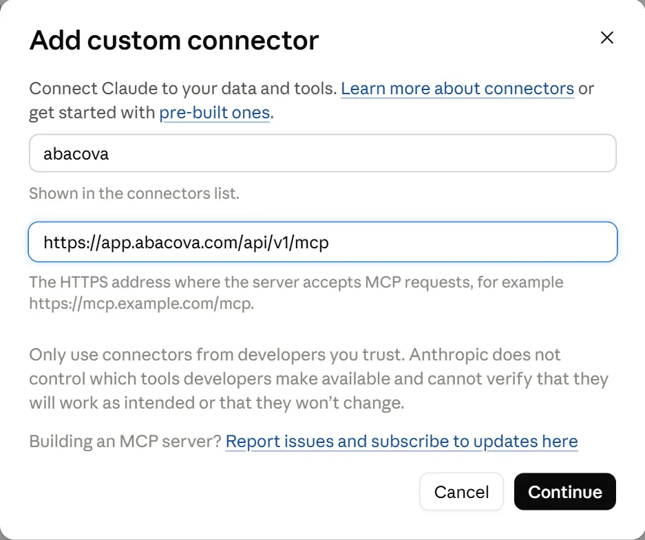 Claude.ai's “Add custom connector” dialog with the name abacova and the server URL.
