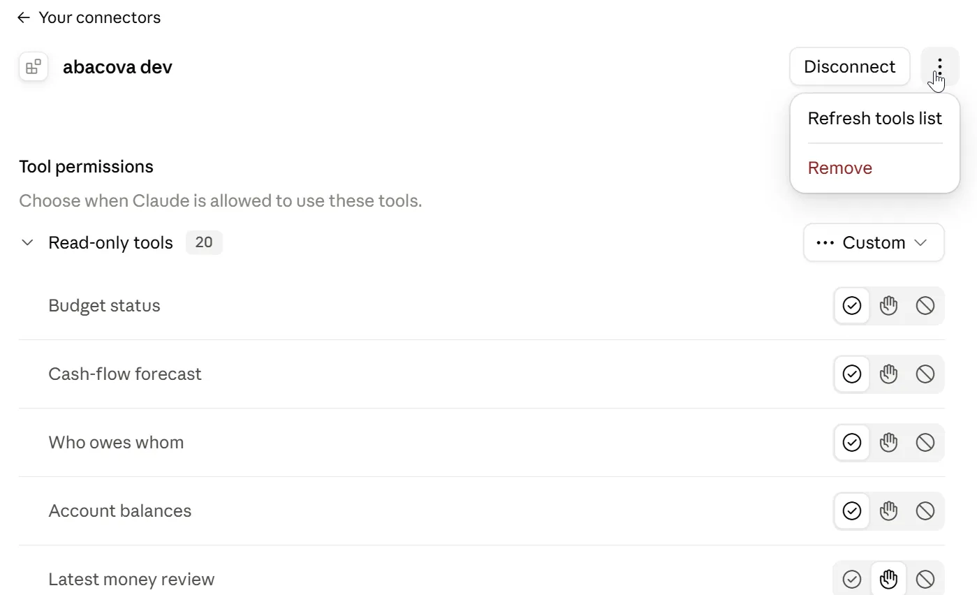 The abacova connector in Claude.ai: the ⋮ menu with “Refresh tools list”, and the read-only tools grouped together.