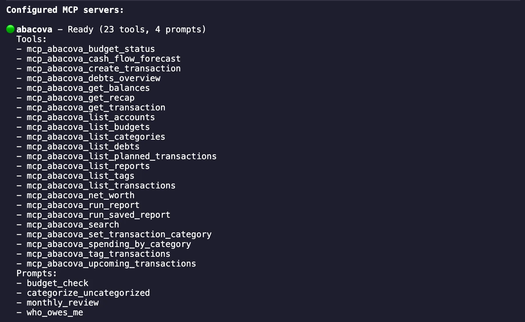 Gemini CLI after running /mcp: abacova ready, with 23 tools and 4 prompts.