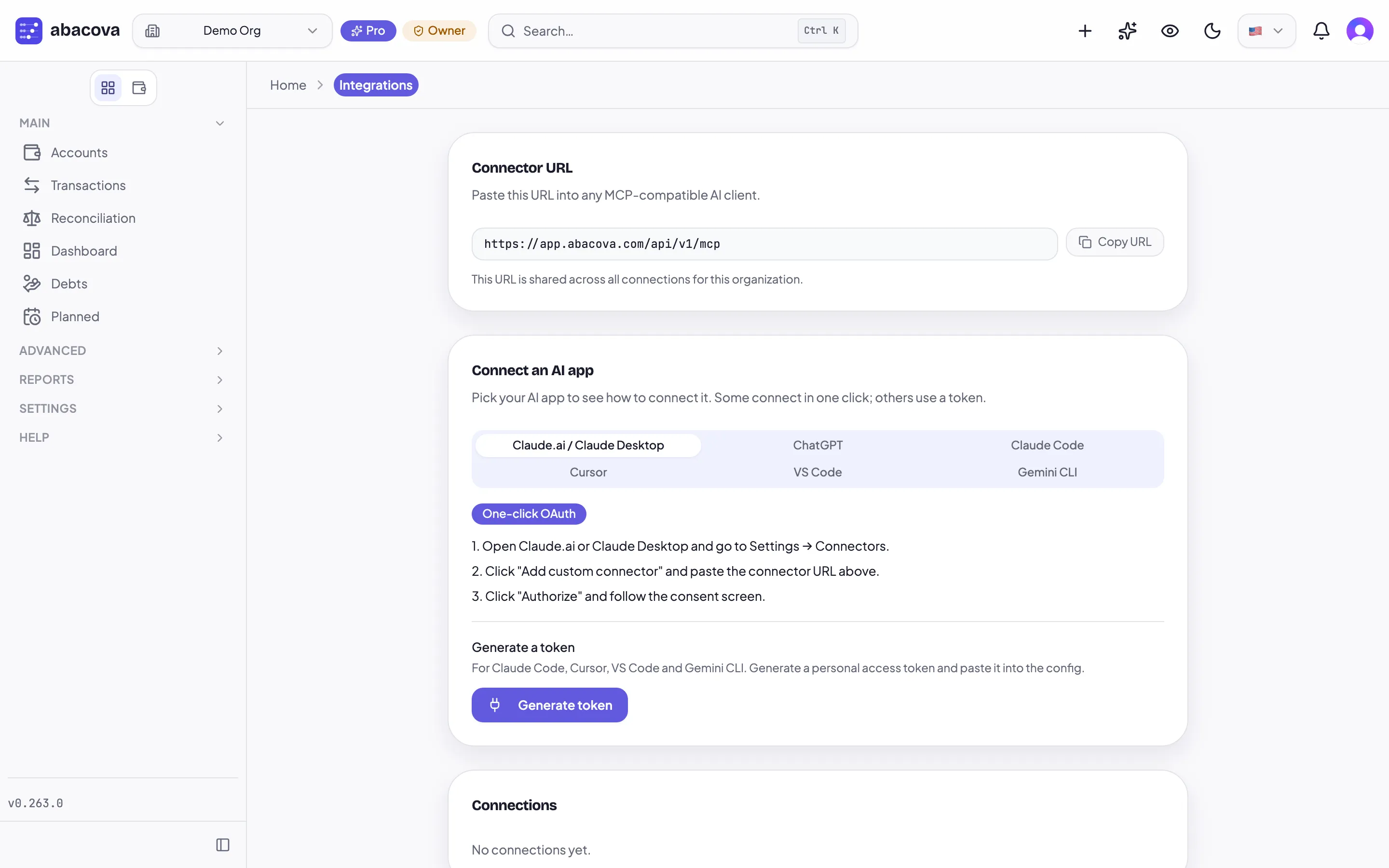 Settings → Integrations in abacova