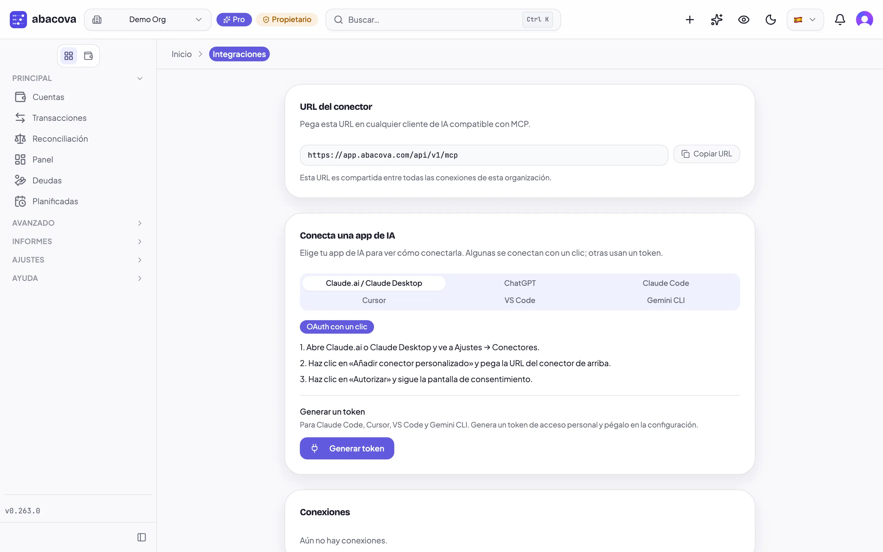 Ajustes → Integraciones en abacova