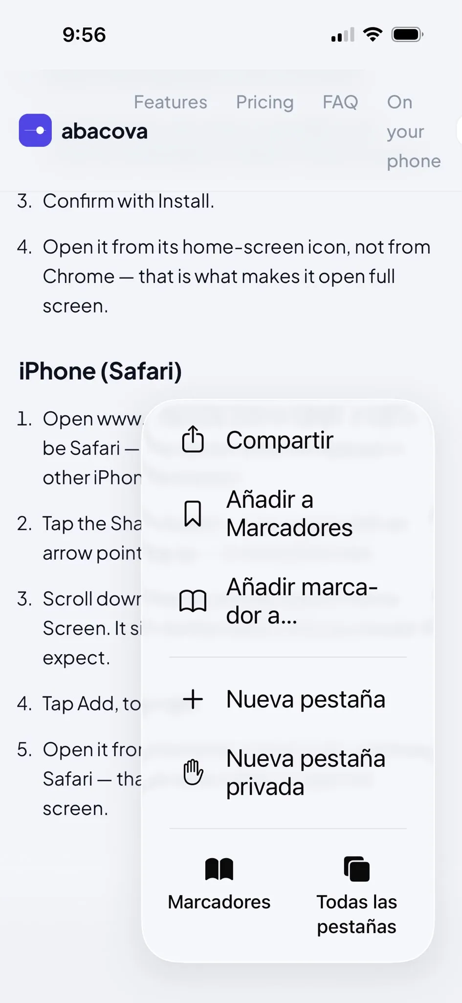 Safari's bottom toolbar with the Share button highlighted