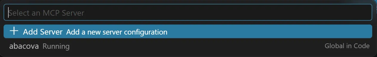 VS Code Command Palette, “MCP: List Servers”: abacova running.